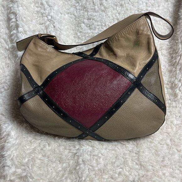 A.Bellucci leather khaki,taupe,burgundy &black stripes shoulder bag studs accent - Picture 3 of 16